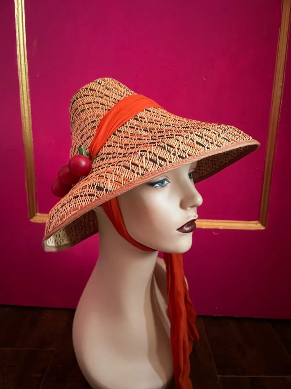 Vintage 1950’s Straw Sun Hat with Orange chiffon ribbon and Cherry Accent